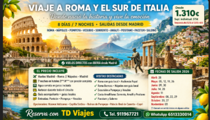 Viaje a Roma y el Sur de Italia: 8 días entre historia, costa y emoción
