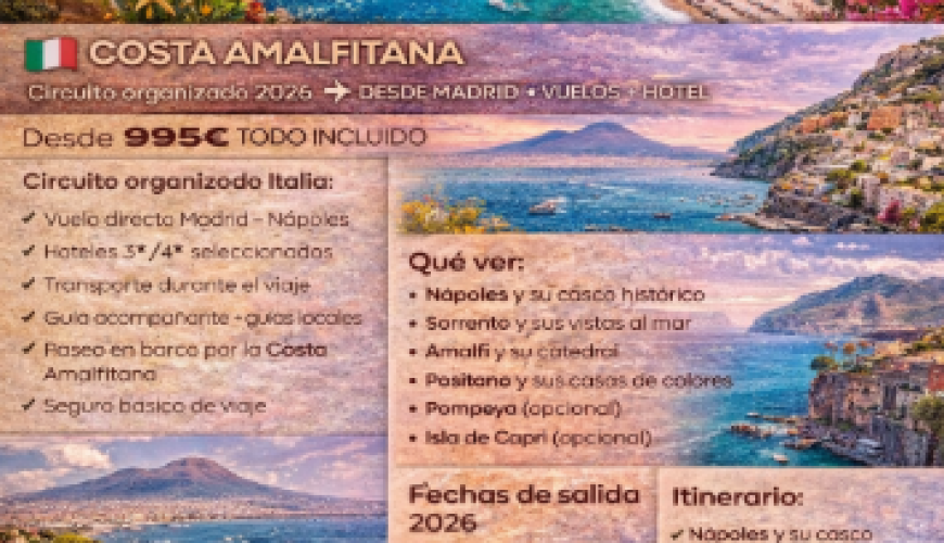 Viaje a Nápoles, Sorrento y Costa Amalfitana desde Madrid – Circuito organizado 2026