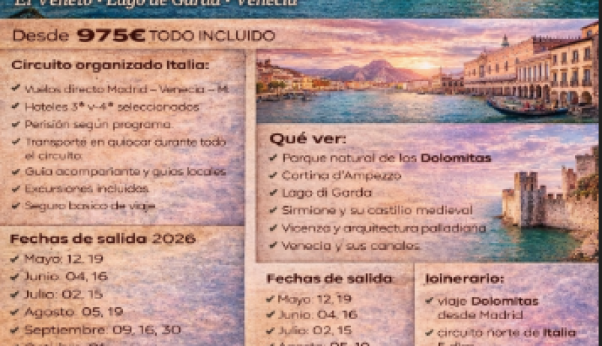 Viaje a Dolomitas, Véneto y Lago de Garda desde Madrid – Circuito organizado 2026