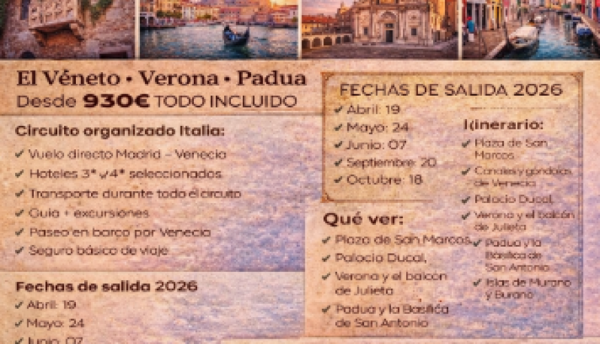 Viaje a Venecia y el Véneto desde Madrid – Circuito organizado 2026