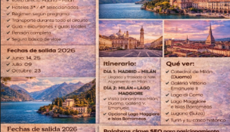 Viaje a Milán, Turín y Lagos del Norte de Italia desde Madrid – Circuito organizado 2026