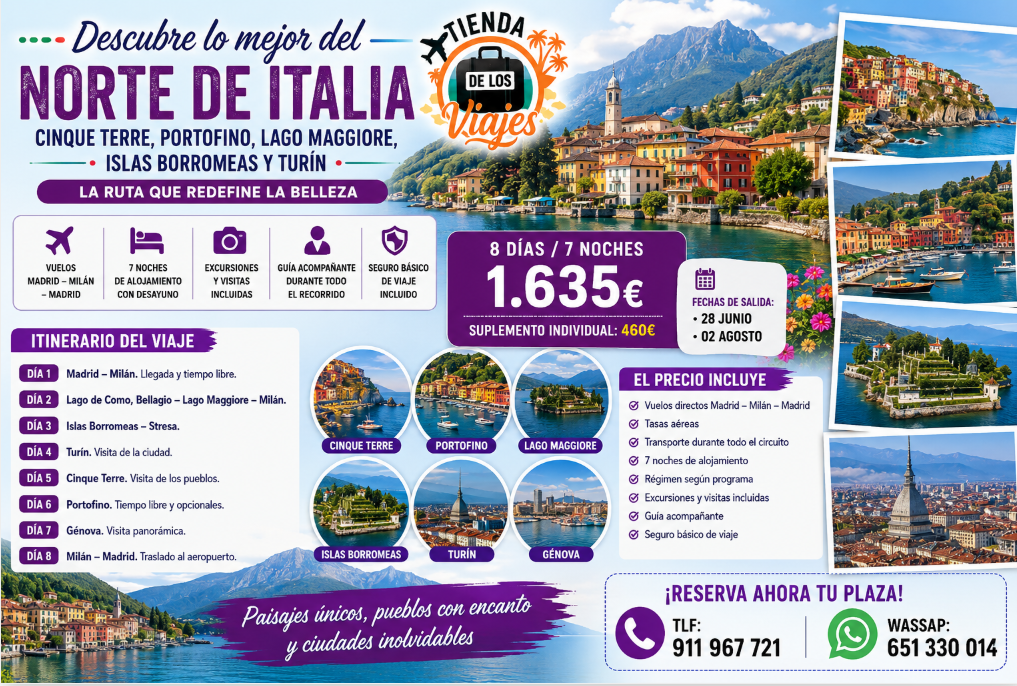 Viaje a Cinque Terre, Portofino, Lago Maggiore, Islas Borromeas y Turín con TD Viajes