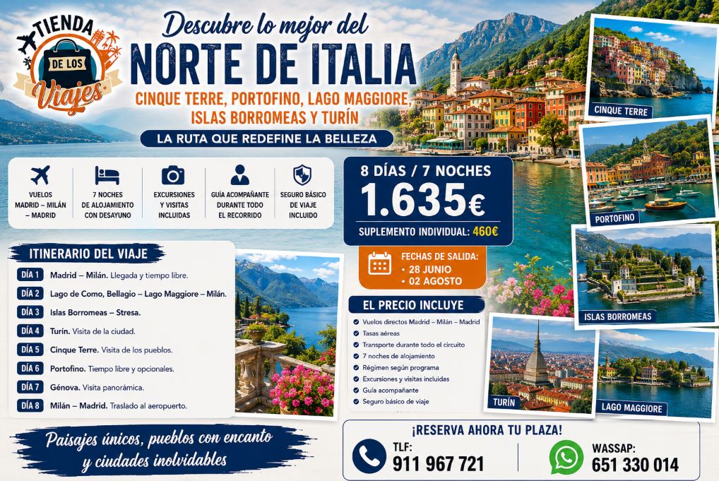 Viaje a Cinque Terre, Portofino, Lago Maggiore, Islas Borromeas y Turín: La Ruta más Elegante del Norte de Italia con TD Viajes