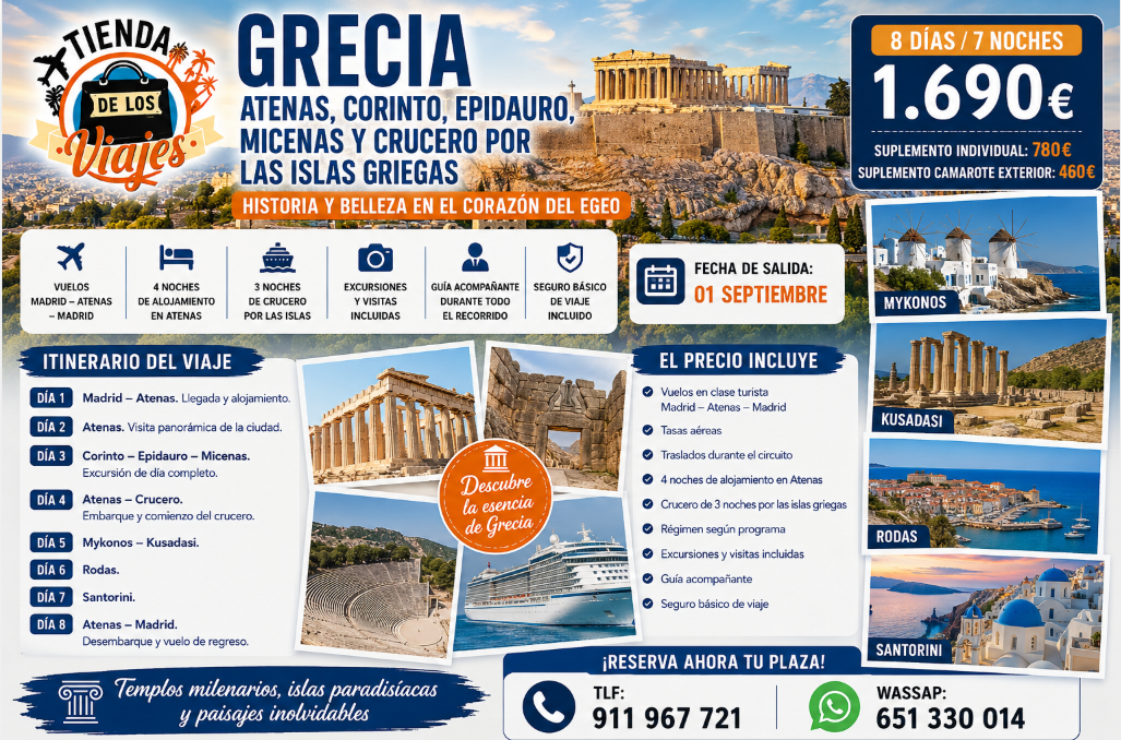 Viaje a Atenas, Corinto, Epidauro, Micenas y Crucero por las Islas Griegas con TD Viajes