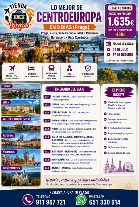 Viaje por Centroeuropa en 9 Días: Praga, Viena, Budapest, Núremberg y Ruta Romántica con TD Viajes
