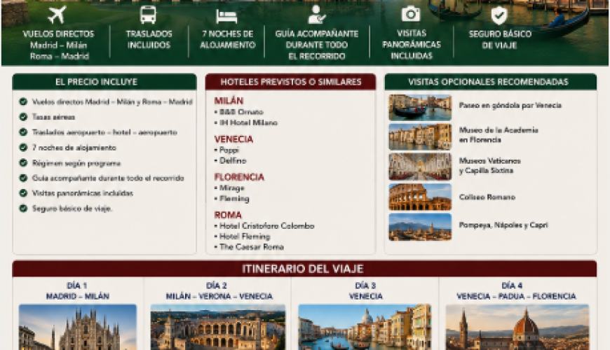 Italia Soñada: Roma, Florencia, Venecia y Milán en un Viaje Inolvidable
