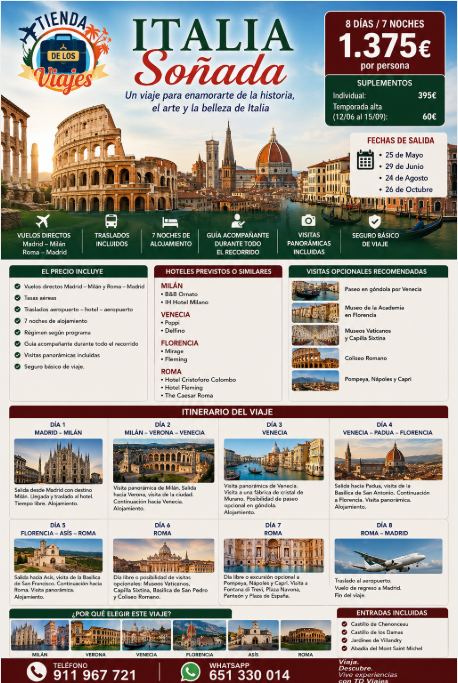 Italia Soñada: Roma, Florencia, Venecia y Milán en un Viaje Inolvidable