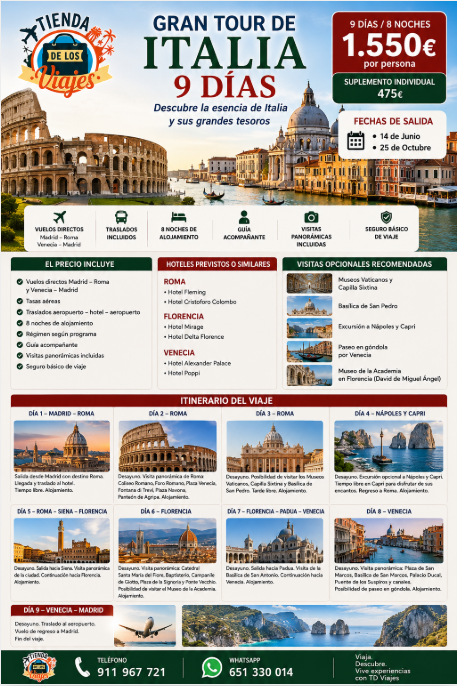 Gran Tour de Italia 9 Días: Roma, Florencia, Siena, Venecia y Capri