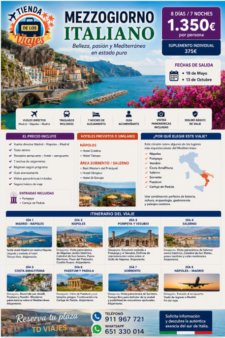 Mezzogiorno Italiano: Nápoles, Vesubio, Costa Amalfitana, Salerno y Sorrento