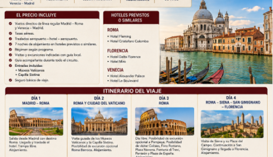 Maravillas de Italia: Roma, Florencia, Siena, San Gimignano y Venecia