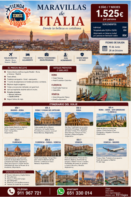 Maravillas de Italia: Roma, Florencia, Siena, San Gimignano y Venecia