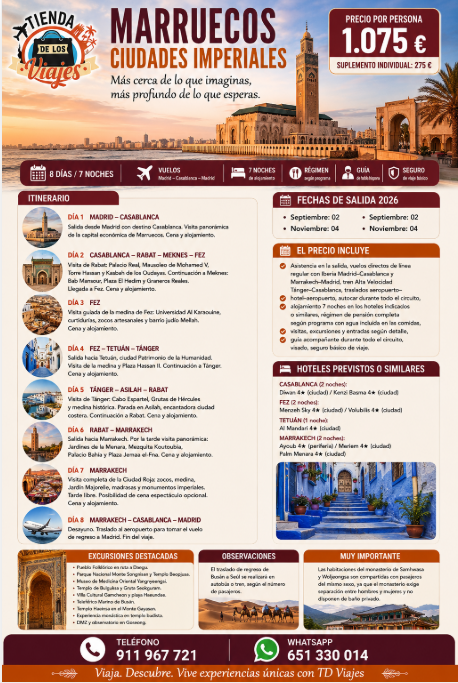 Marruecos Ciudades Imperiales: Casablanca, Rabat, Fez, Meknes, Tetuán y Marrakech con TD Viajes