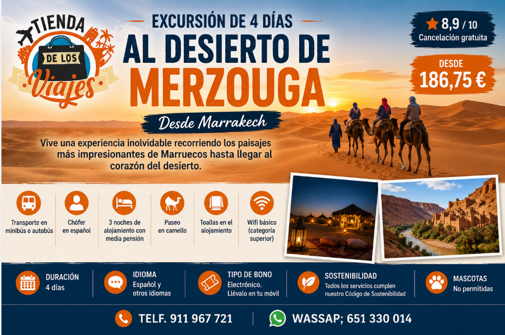 Excursión de 4 días al Desierto de Merzouga: la aventura más espectacular de Marruecos con TD Viajes