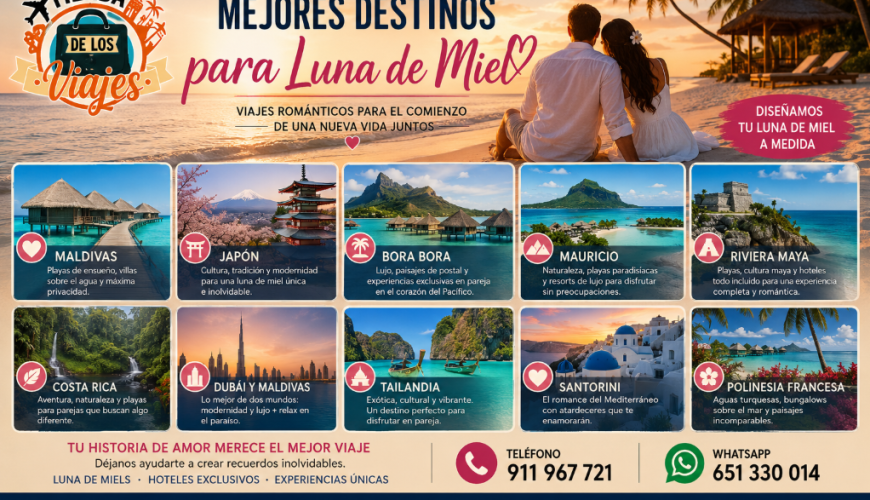 MEJORES DESTINOS PARA LUNA DE MIEL EN 2026 LOS VIAJES MÁS ROMÁNTICOS PARA CELEBRAR EL COMIENZO DE UNA NUEVA VIDA JUNTOS con TD Viajes