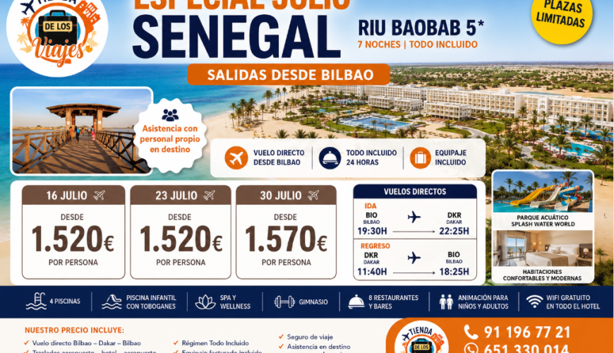 Viaje a Senegal en Julio 2026: Riu Baobab 5 Estrellas Todo Incluido con Vuelo Directo desde Bilbao con TD Viajes