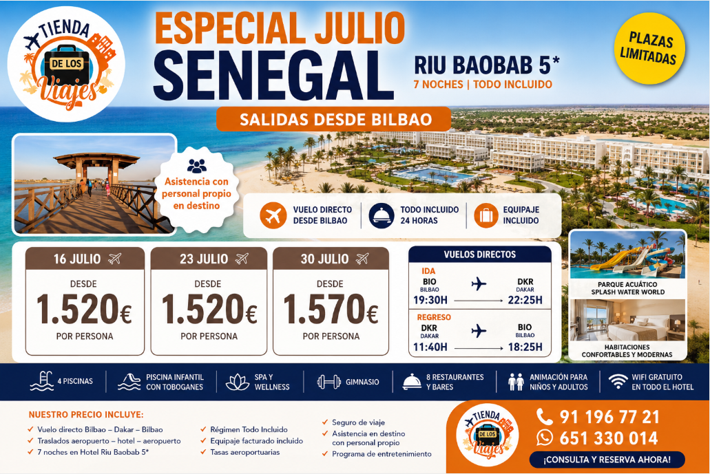 Viaje a Senegal en Julio 2026: Riu Baobab 5 Estrellas Todo Incluido con Vuelo Directo desde Bilbao con TD Viajes