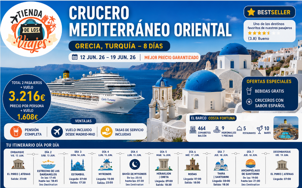 Crucero Mediterráneo Oriental 2026: Grecia, Turquía y las Islas Griegas con Vuelo Incluido con TD Viajes