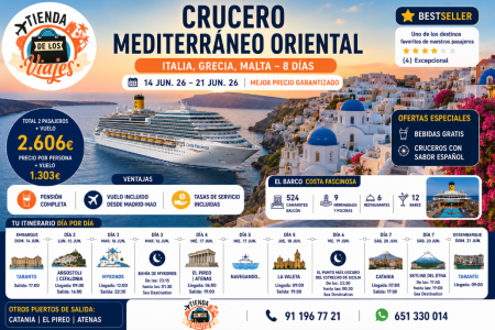 Crucero Mediterráneo Oriental 2026: Italia, Grecia y Malta a bordo del Costa Fascinosa con TD Viajes