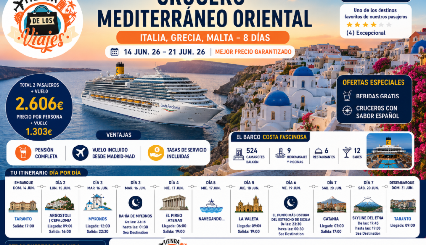 Crucero Mediterráneo Oriental 2026: Italia, Grecia y Malta a bordo del Costa Fascinosa con TD Viajes