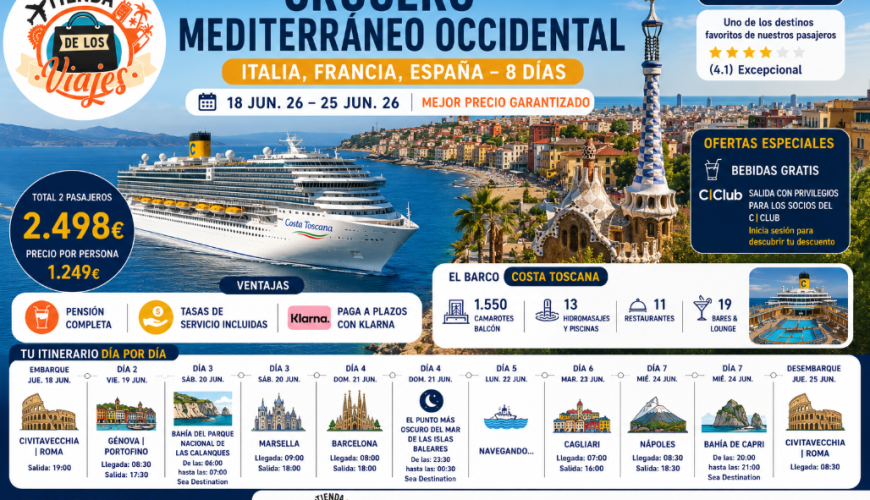 Crucero Mediterráneo Occidental 2026: Italia, Francia y España a bordo del Costa Toscana con TD Viajes