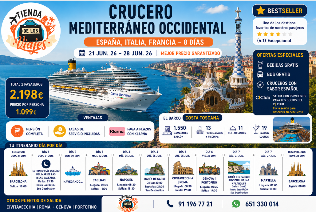 Crucero Mediterráneo Occidental 2026: España, Italia y Francia a bordo del Costa Toscana con TD Viajes