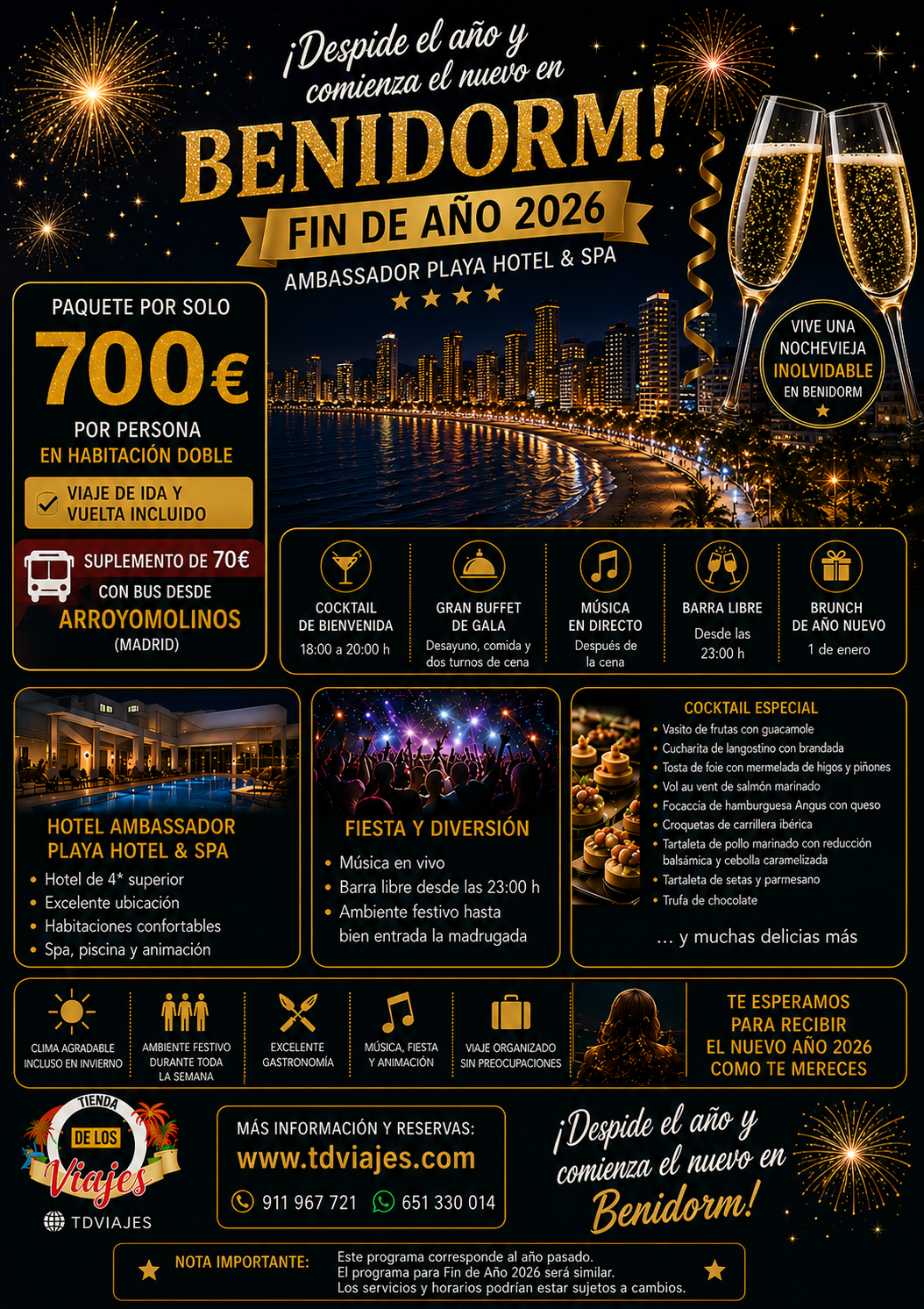 Fin de Año en Benidorm 2026: despide el año con una escapada Traslados desde ARROYOMOLINOS +Hotel+Cocktail especial de Nochevieja+ Gran Cena de Gala