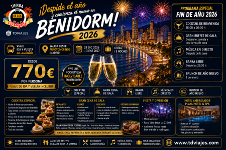 Fin de Año en Benidorm 2026: despide el año con una escapada Traslados desde Arroyomolinos +Hotel+Cocktail especial de Nochevieja+ Gran Cena de Gala