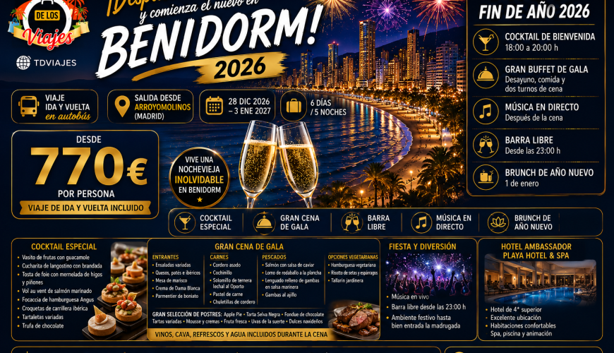 Fin de Año en Benidorm 2026: despide el año con una escapada Traslados desde Arroyomolinos +Hotel+Cocktail especial de Nochevieja+ Gran Cena de Gala