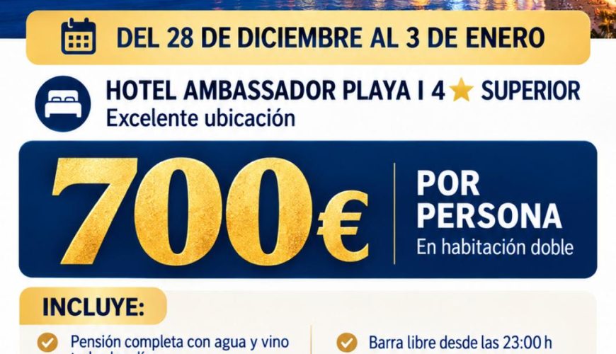 Fin de Año en Benidorm 2026: despide el año Hotel+Cocktail especial de Nochevieja+ Gran Cena de Gala
