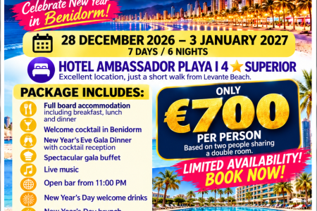 New Year’s Eve in Benidorm 2026: Celebrate in Style with Hotel Accommodation, a Special New Year’s Eve Cocktail Reception & a Grand Gala Dinner!