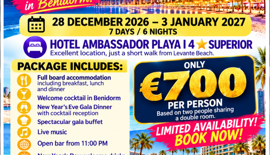 New Year’s Eve in Benidorm 2026: Celebrate in Style with Hotel Accommodation, a Special New Year’s Eve Cocktail Reception & a Grand Gala Dinner!